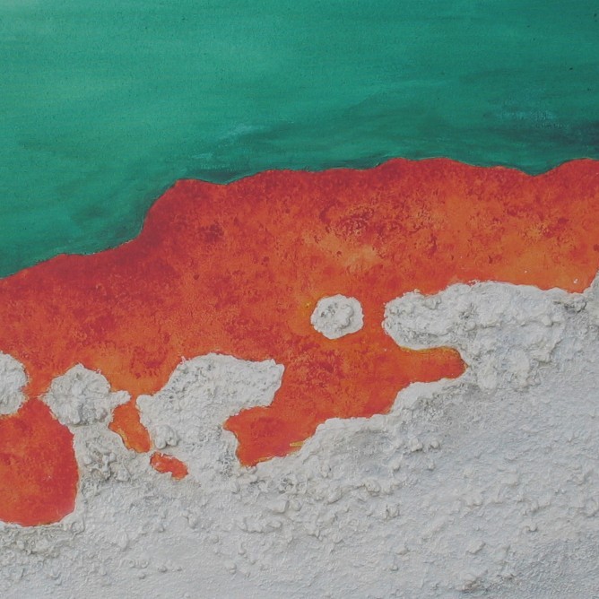Acrylbild mit abstrakten  Strukturen in Grün, Weiss und Orange, inspiriret durch den 
      Champagen Pool in Neuseeland